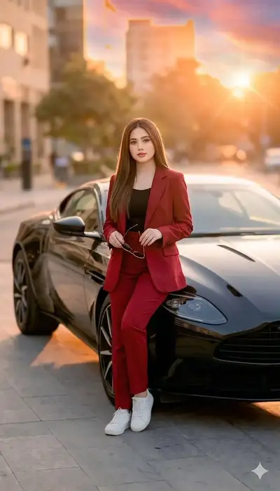 Stylish Woman with Luxury Sports Car at Golden Hour