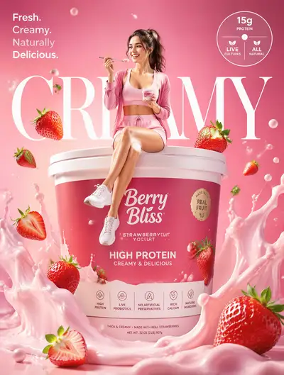 Strawberry yogurt commercial advertisement with playful hero shot