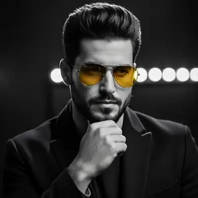 Film-noir studio portrait of a man in a black suit with amber sunglasses