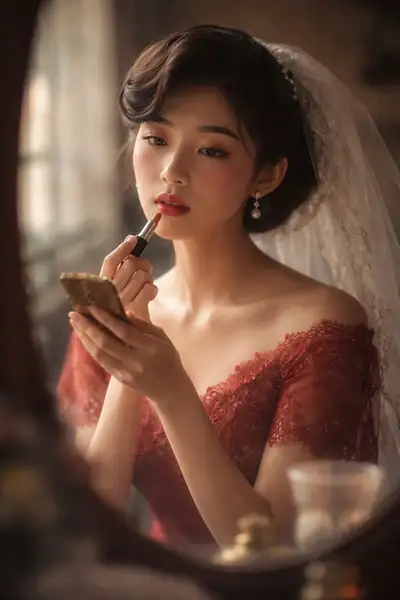 Vintage Bride at Antique Mirror