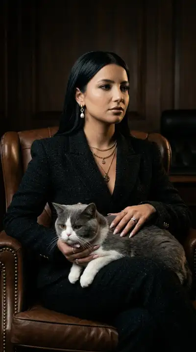 Cinematic Female Mafia Boss Portrait with Cat