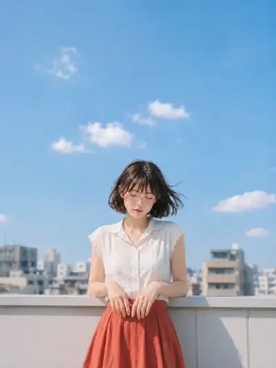 Rooftop portrait of a woman under a bright summer sky