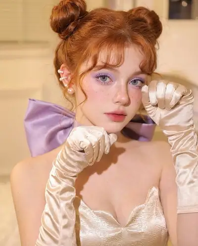 Pastel Fashion Portrait of Redhead with Space Buns