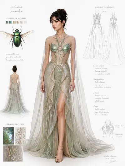 Haute couture fashion design sheet inspired by a beetle