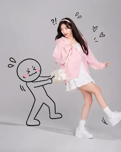 Playful Korean Fashion Portrait With a Hand-Drawn Cartoon Character