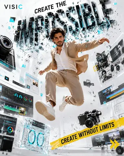 Digital Creator Jumping Through Floating Creative Tools