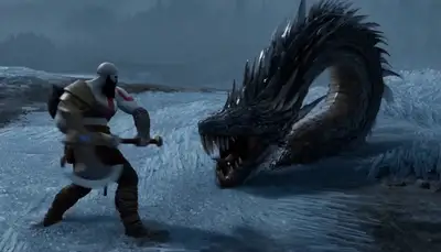 Kratos Freezing Hydra Cinematic Anime Scene