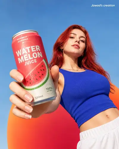 Anúncio de produto de suco de melancia em lata em ângulo baixo