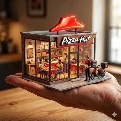 Miniature brand showroom template balanced on a human palm