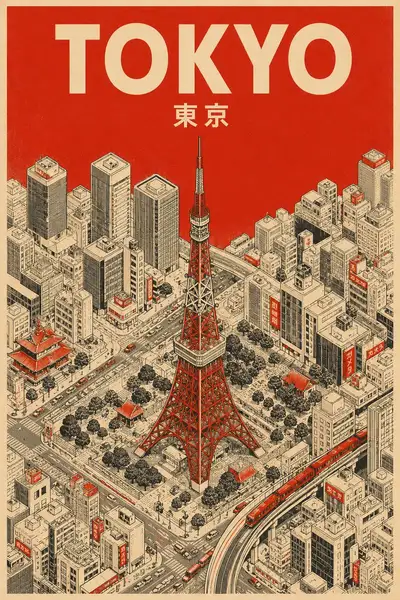 Mid-century isometric travel poster template for any city