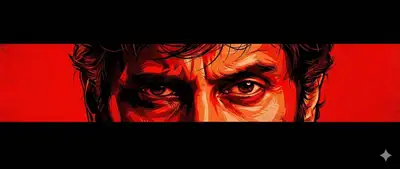 Cinematic poster of intense close-up male eyes