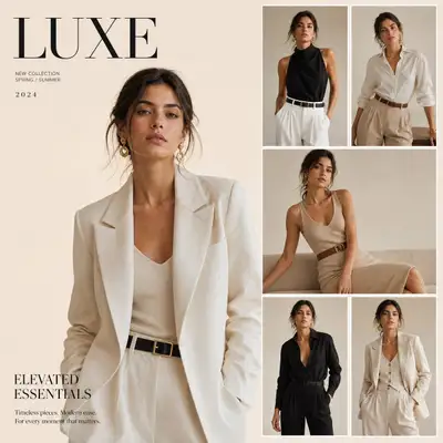 Luxury fashion moodboard with a hero portrait and five outfits