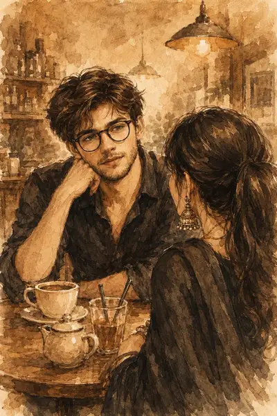 Illustration en aquarelle sépia d'un moment romantique au café