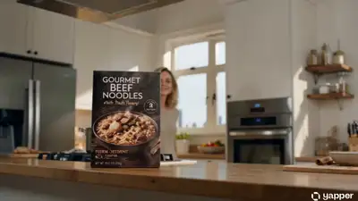 Cinematic instant noodle commercial with woman cooking and tasting