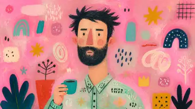 Whimsical folk-art editorial illustration of a bearded man prompt