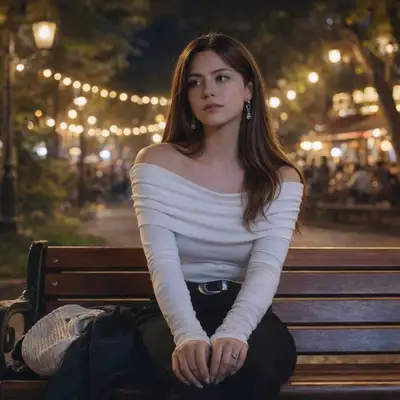Cinematic Night Portrait on Park Bench
