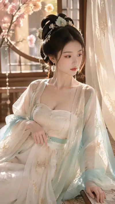 Classical Chinese noblewoman portrait by begonia window