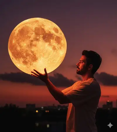 Mann hebt einen riesigen leuchtenden Mond bei Sonnenuntergang