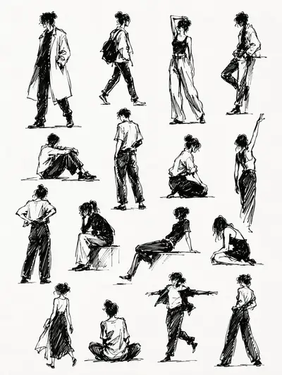 Sketchbook page of black ink gesture drawing figures
