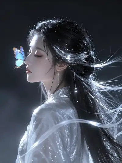 Dreamy anime portrait of a woman with a glowing butterfly