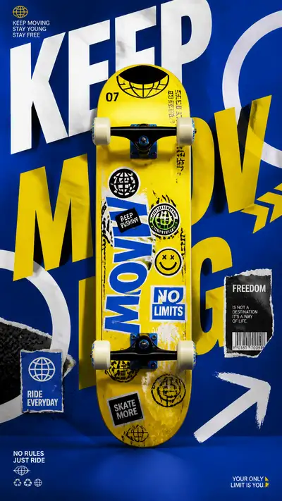 Prompt de Póster de Cultura Juvenil de Tabla de Skate Amarilla