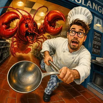 90s Mark Fredrickson Style Chef vs Lobster Illustration