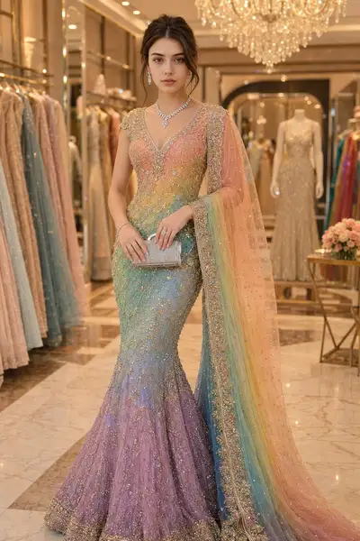 Luxury rainbow ombre saree gown portrait in a boutique