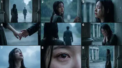 9-teiliges regnerisches melancholisches filmisches Storyboard eines Paares, das sich trennt