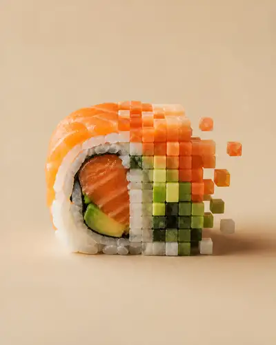 Deconstructed sushi roll pixelated food photography