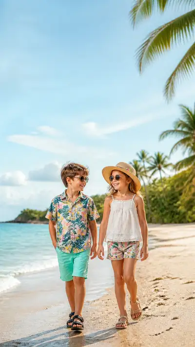 Luxury kids fashion campaign on a tropical beach at golden hour