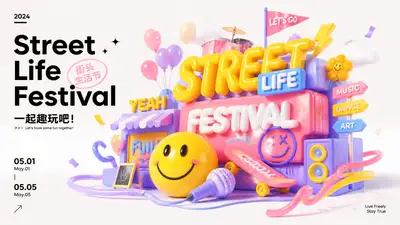 Dopamine-color 3D poster for a Street Life Festival campaign