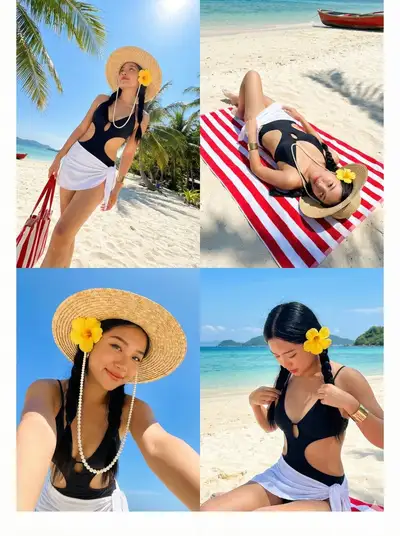 2x2 tropical beach photoshoot collage with matching swimwear