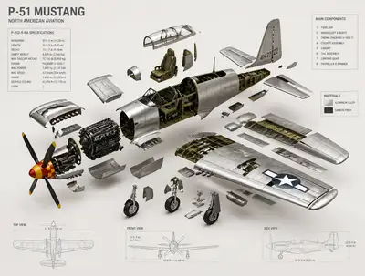 Diagrama de vista explosionada CAD de alta gama del avión P51 Mustang