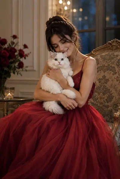 Elegant Woman Cradling Cat in Vintage Armchair
