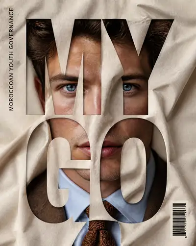 Editorial magazine cover portrait with cut-through typography