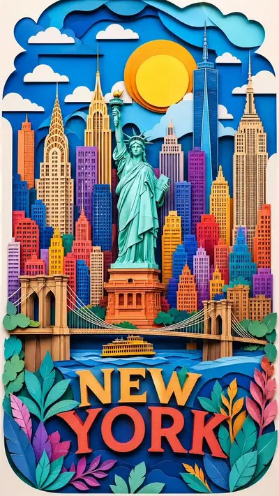 Layered Papercut Art Illustration of a City Skyline