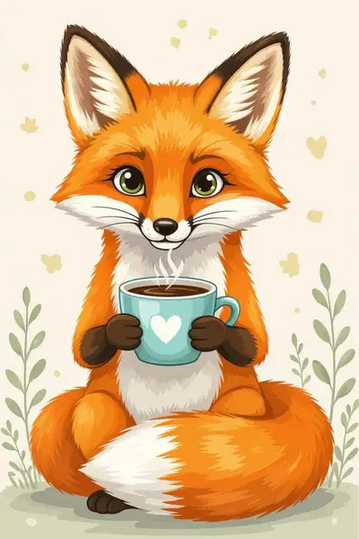 Fox with Coffee Cup Whimsy