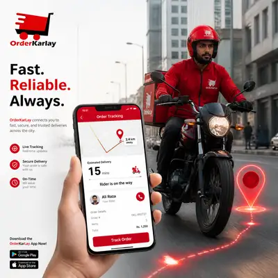 Delivery rider app tracking advertisement, urban scene