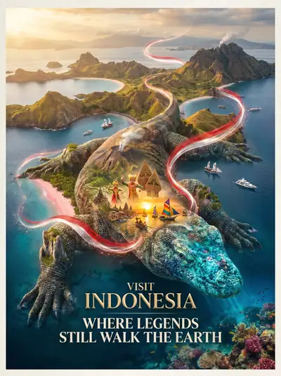 Komodo Island tourism poster with colossal dragon landscape