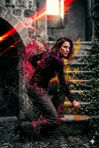 Cinematic Woman on Castle Stairs with Paint Splatter