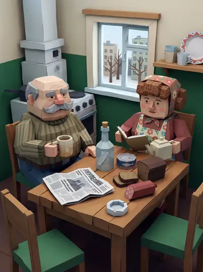 Ironic low poly paper craft Soviet still life poster
