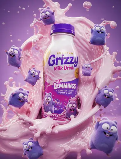 Grizzy milk drink bottle ad with vivid splash motion
