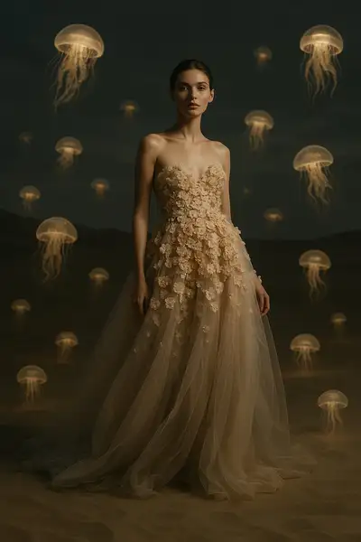 Fashion Editorial with Glowing Jellyfish in Desert