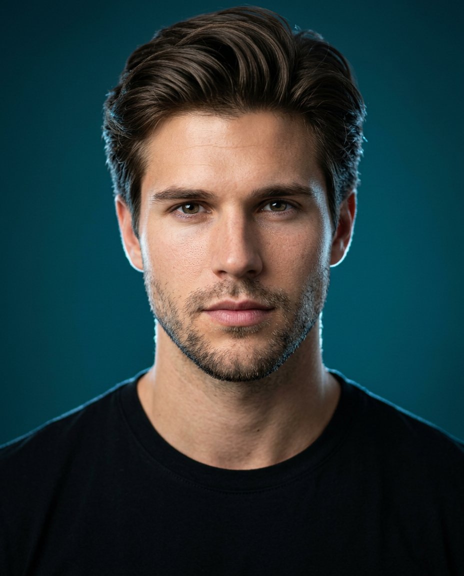 Cinematic studio portrait with teal rim lighting