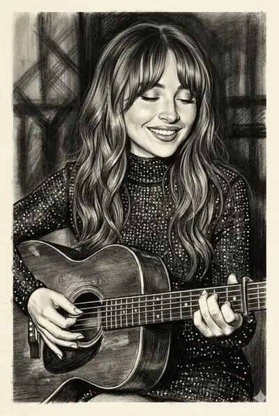 Retrato al carboncillo de mujer tocando la guitarra