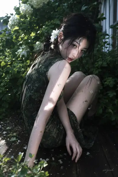 Portrait de jardin en robe verte avec lumière tachetée sur une terrasse en bois