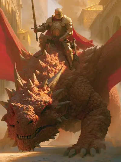 Digital fantasy painting of an armored knight riding a dragon