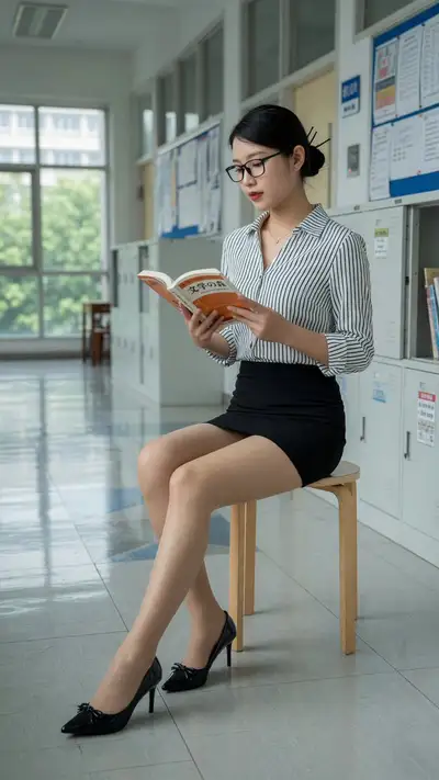Modeporträt beim Lesen eines Buches in einem hellen Schulflur