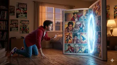 Hyper-realistic comic portal bedroom scene
