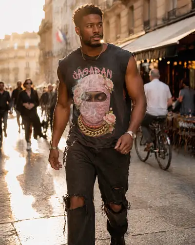 Golden hour street fashion editorial of a man in motion